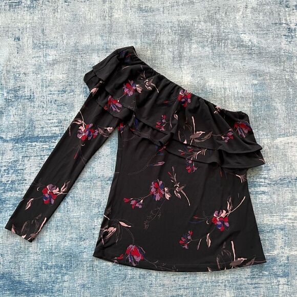 Veronica M Black Red Purple Floral Ruffle Asymmetrical One Long Sleeve Top XS - Picture 6 of 10